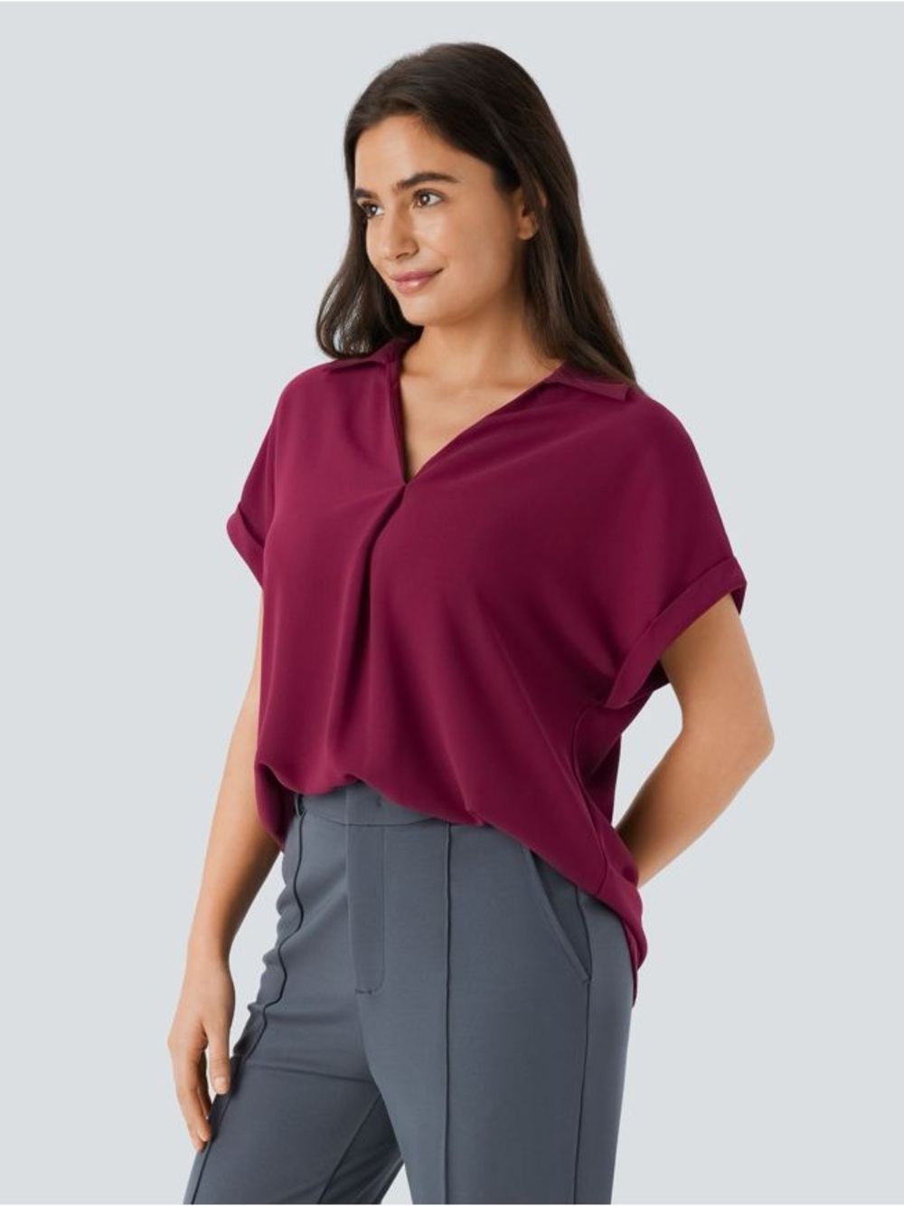 HALARA V Neck Short Sleeve Curved Hem Work Shirt